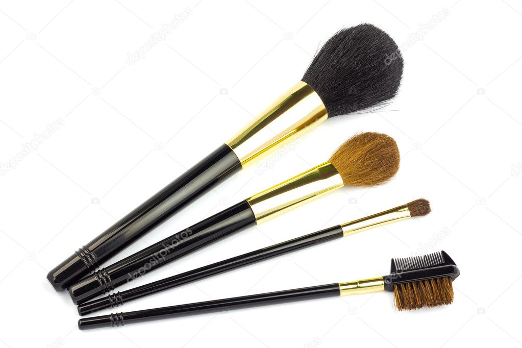Professional cosmetic brushes for makeup on white background.