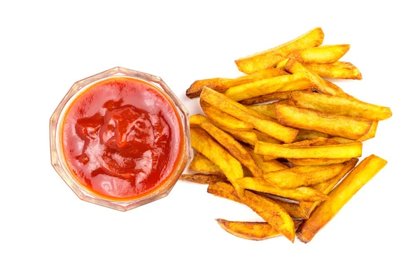 Hemmagjord snabbmat portion pommes frites och ketchup, isolerad på vit bakgrund, ovanifrån. — Stockfoto