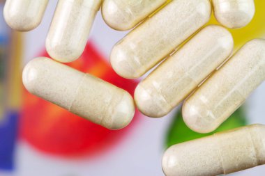Glucosamine kapsül, gıda ek hapları, üstten görünüm, görüntüyü.