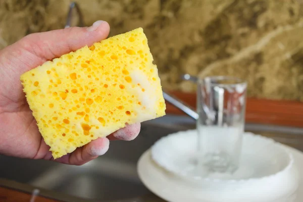 Man Hand Holding Sponge Wash Dishes Foam Kitchen Close — 스톡 사진