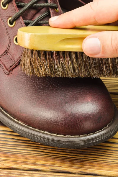 Hand Brush Care Clean Polishing Brown Leather Boots Close View — Stock Photo, Image