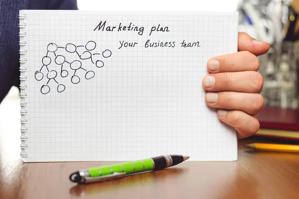 Man Shows Presentation Business Concepts Network Marketing Business Structures Diagram — Zdjęcie stockowe
