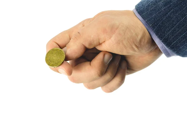 Golden Euro Cent Hand Fingers Tossing Coin Heads Tails Game Stock Picture