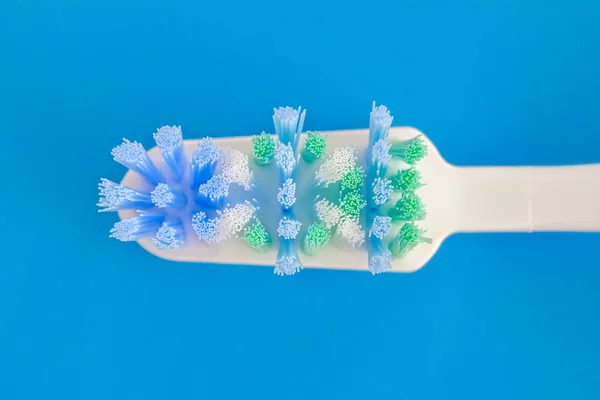 Toothbrush Head Blue Background Top View Macro Image — Stock Photo, Image