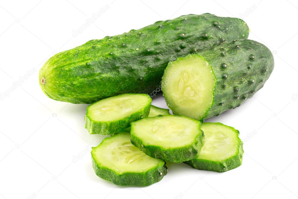 Cucumber and slices isolated on white background, close-up view.