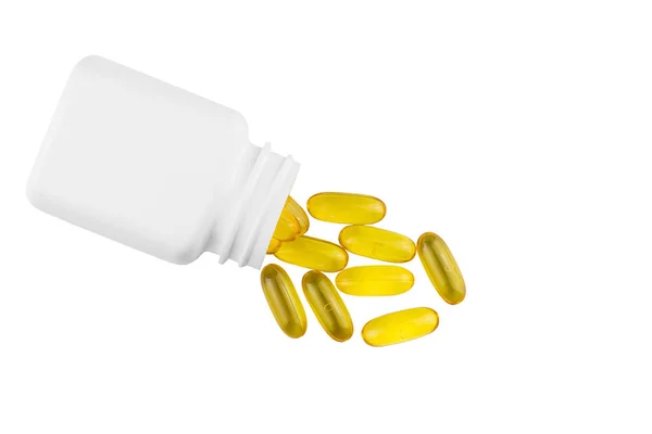 Yellow Capsules Omega Fatty Acid Fish Oil Bottle Container Isolated — Stock Photo, Image