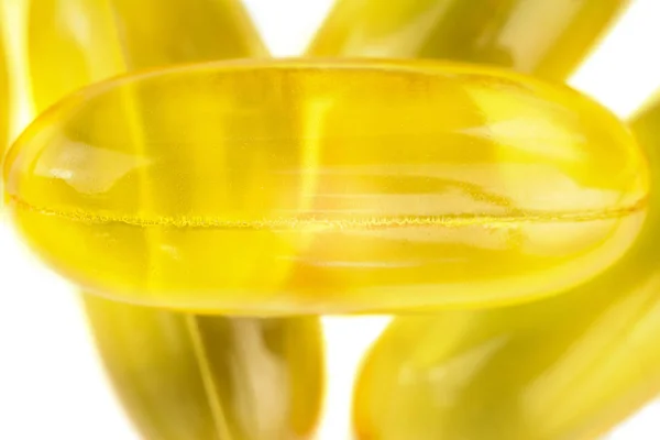 Κίτρινες Κάψουλες Ωμέγα Λιπαρό Οξύ Ιχθυέλαιο Σωρό Μακροεικόνα — Φωτογραφία Αρχείου