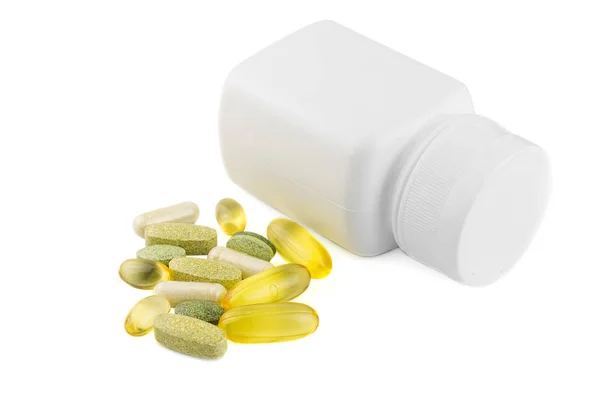 Complexo Vitamínico Ómega Cápsulas Glucosamina Suplementos Multivitamínicos Recipiente Branco Isolado — Fotografia de Stock