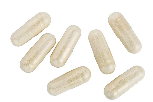 Glukozamin kondroitin kapsülleri, beyaz arka planda izole edilmiş sağlıklı destek hapları, üst görünüm..