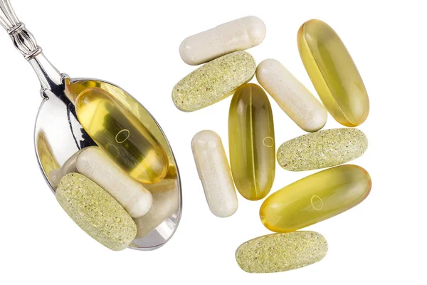 Complexo Vitamínico Ómega Cápsulas Glucosamina Suplementos Multivitamínicos Colher Isolada Sobre — Fotografia de Stock