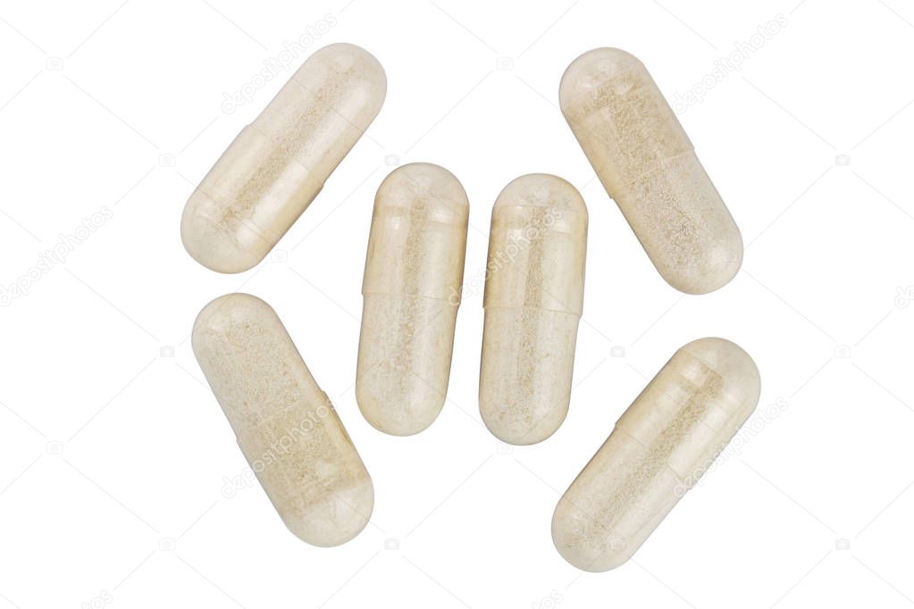 Capsules of glucosamine chondroitin, healthy supplement pills isolated on white background, top view.