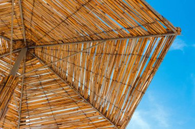 Mavi gökyüzü arka planında saman plaj şemsiyesi altında görünüm.