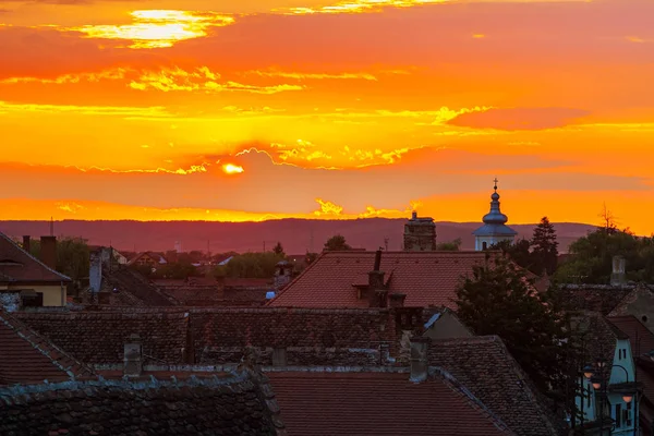 Superbe Paysage Coucher Soleil Sur Ancienne Ville Européenne Sibiu Roumanie — Photo