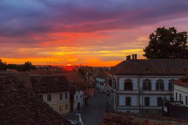 Superbe Paysage Coucher Soleil Sur Ancienne Ville Européenne Sibiu Roumanie — Photo