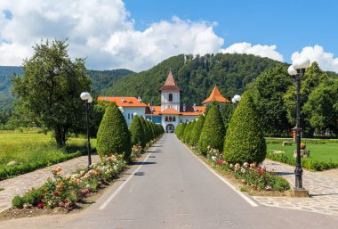 Alley to the entrance of Brancoveanu monastery in Sambata de Sus village, Romania.