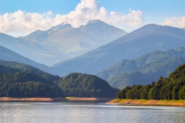 Romanya 'daki Carpathian dağlarında Vidraru Gölü, yazın vahşi doğa manzarası.