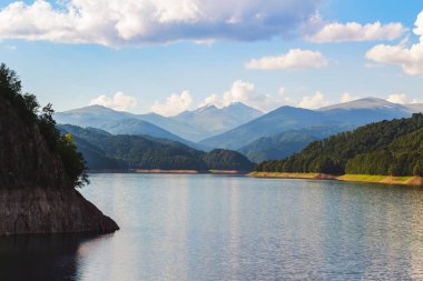 Romanya 'daki Carpathian dağlarında Vidraru Gölü, yazın vahşi doğa manzarası.