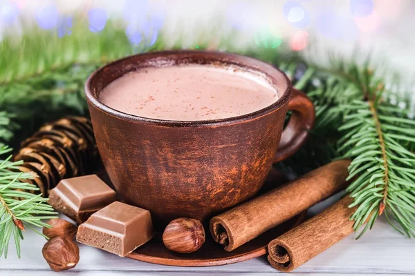 Blurred Christmas Lights Cup Hot Cocoa Milk Broken Chocolate Cubes — Stock Photo, Image