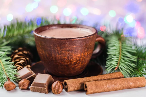 Blurred Christmas Lights Cup Hot Cocoa Milk Broken Chocolate Cubes — Stock Photo, Image