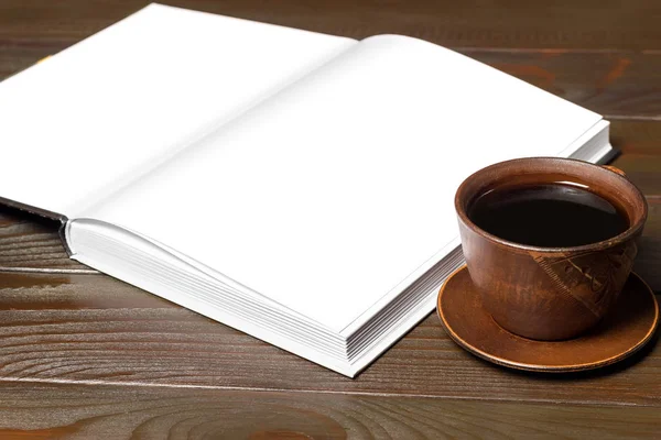 Hot Black Coffee Brown Cup Notepad Opened Book White Clean — Stock Photo, Image