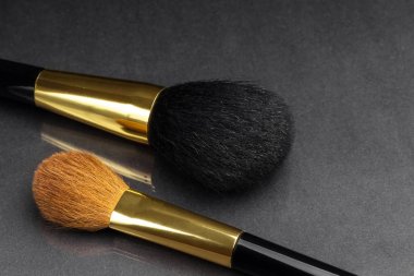 Siyah arka plan üzerine makyaj için iki profesyonel kozmetik fırçalar.
