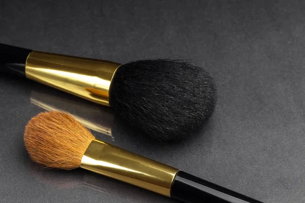 Dos Cepillos Cosméticos Profesionales Para Maquillaje Sobre Fondo Negro — Foto de Stock