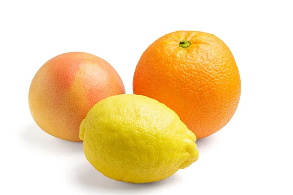 Gyűjtemény Citrusfélék Narancs Citrom Grapefruit Elszigetelt Fehér Background — Stock Fotó