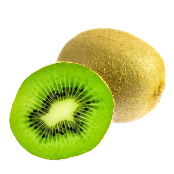 Eine Ganze Kiwi Frucht Und Scheibe Isoliert Auf Weißem Hintergrund — Stockfoto