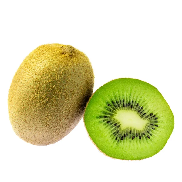 Eine Ganze Kiwi Frucht Und Scheibe Isoliert Auf Weißem Hintergrund — Stockfoto