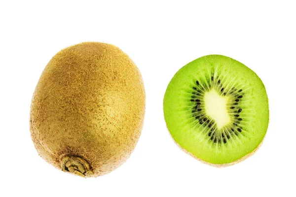 Eine Ganze Kiwi Frucht Und Scheibe Isoliert Auf Weißem Hintergrund — Stockfoto