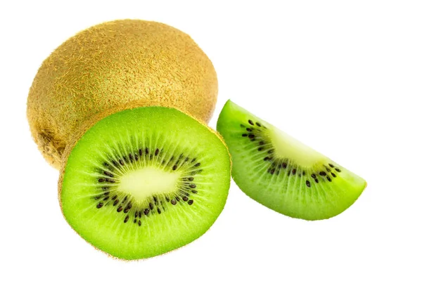 Kiwi Entero Dos Rebanadas Verdes Aisladas Sobre Fondo Blanco — Foto de Stock