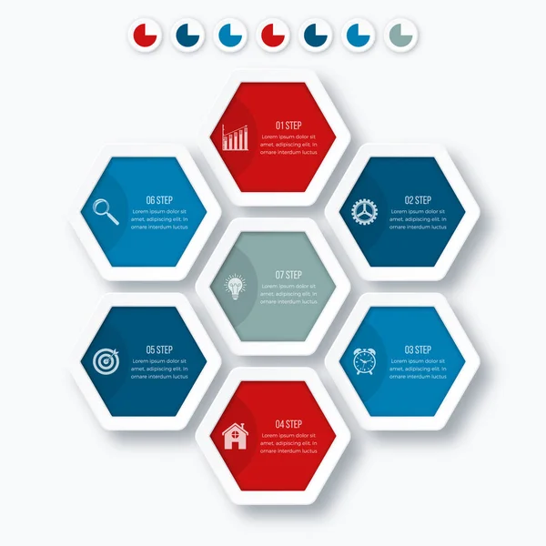 Infografías de ilustración vectorial siete hexágonos — Vector de stock