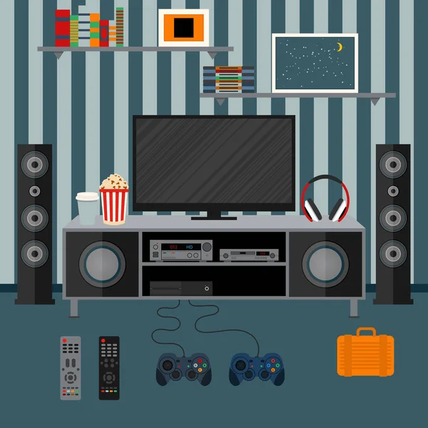 Vector εικονογράφηση διαμέρισμα με home cinema — Διανυσματικό Αρχείο