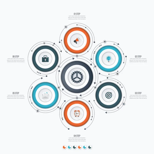 Modelo de infográficos 6 opções com círculo — Vetor de Stock