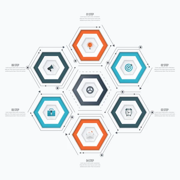 Plantilla de infografía 6 opciones con hexágono — Archivo Imágenes Vectoriales