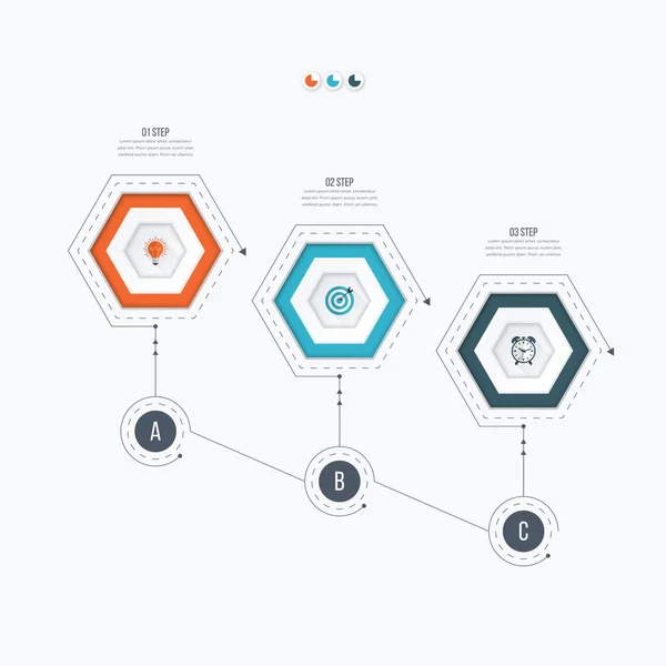 Modèle d'infographie 3 options avec hexagone — Image vectorielle