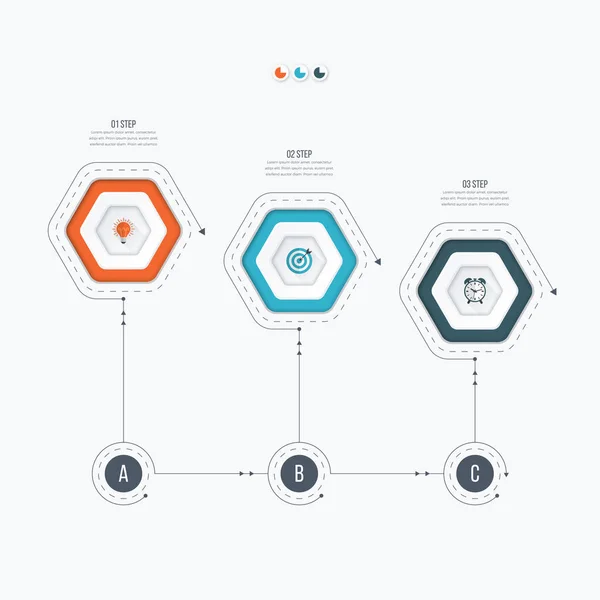 Modello infografico 3 opzioni con esagono — Vettoriale Stock