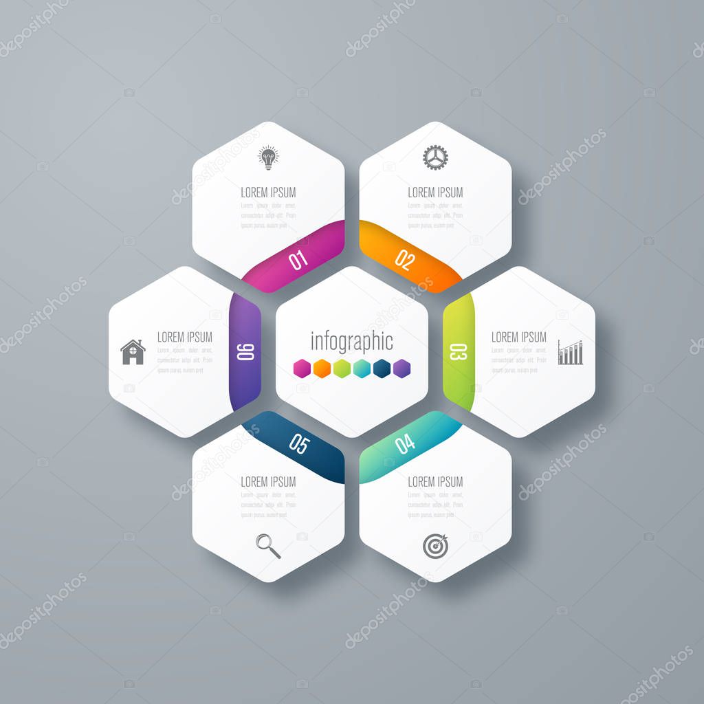 Infographics template 6 options with hexagon