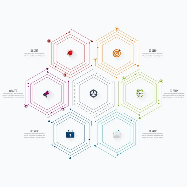 Infographics πρότυπο 6 επιλογές με εξάγωνο — Διανυσματικό Αρχείο