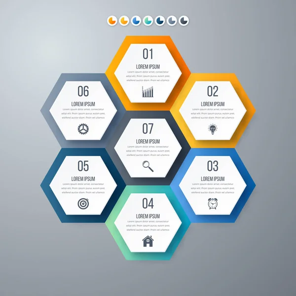 Modello infografico 7 opzioni con esagono — Vettoriale Stock