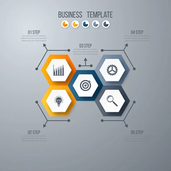 Infografik Vorlage 5 Optionen mit Sechseck — Stockvektor