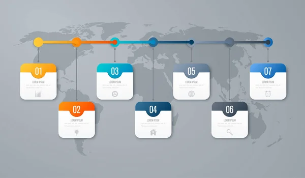 Modelo de infográficos de negócios 7 passos com quadrado — Vetor de Stock