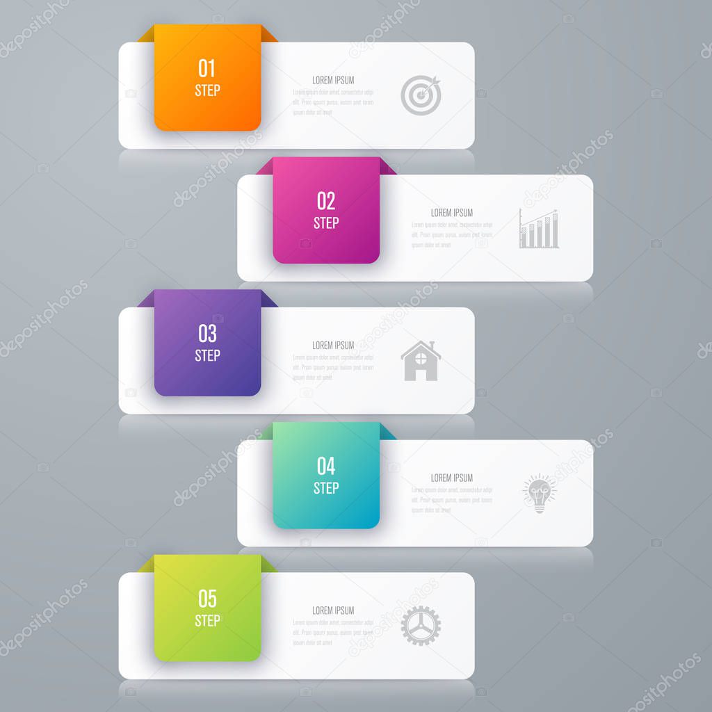 Business infographics template 5 steps with square