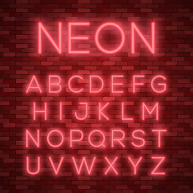 Gerçekçi neon alfabe. Parlak neon parlak yazı tipi