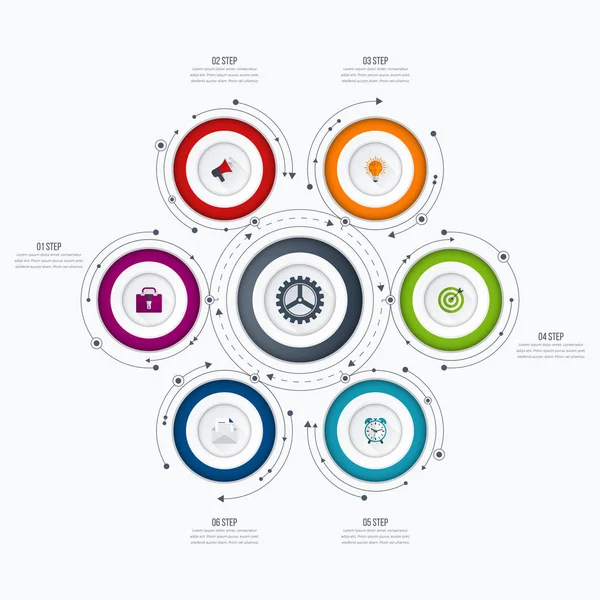 Modèle d'infographie 6 options avec cercle — Image vectorielle