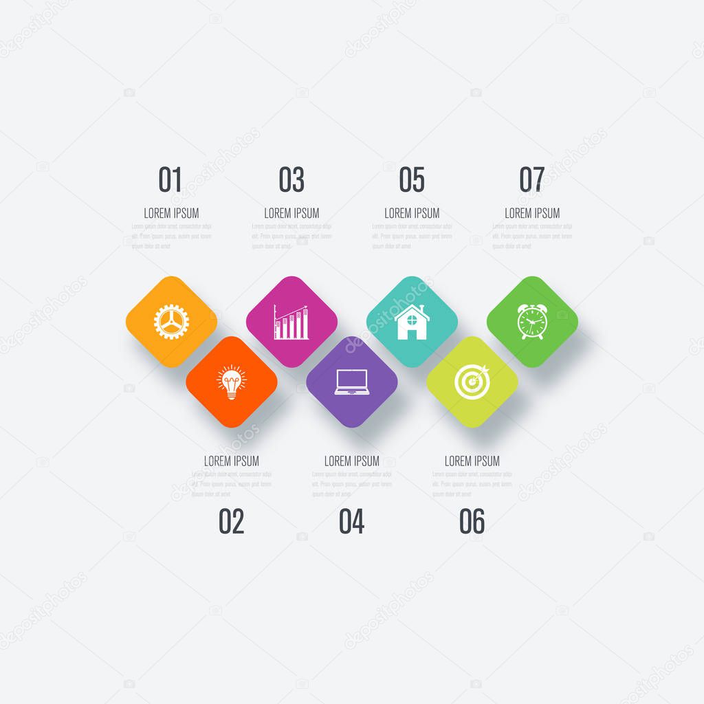 Business infographics template 7 steps with square