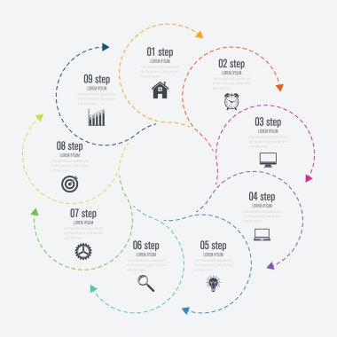 Infographics Şablon 9 daire seçenekleriyle