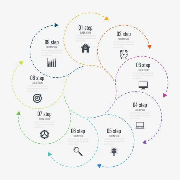 Инфографический шаблон 9 опций с кругом — стоковый вектор