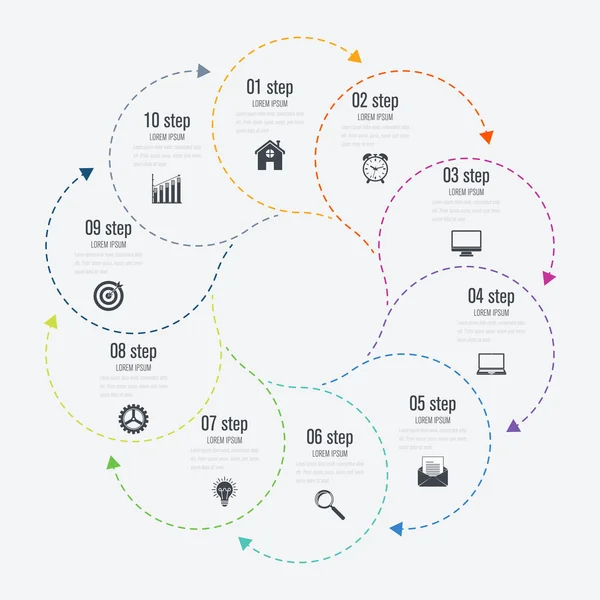 Infografik Vorlage 10 Optionen mit Kreis — Stockvektor