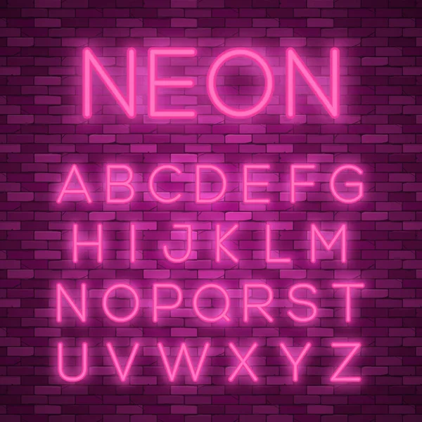 Alphabet néon réaliste. Fonte lumineuse néon rayonnante — Image vectorielle